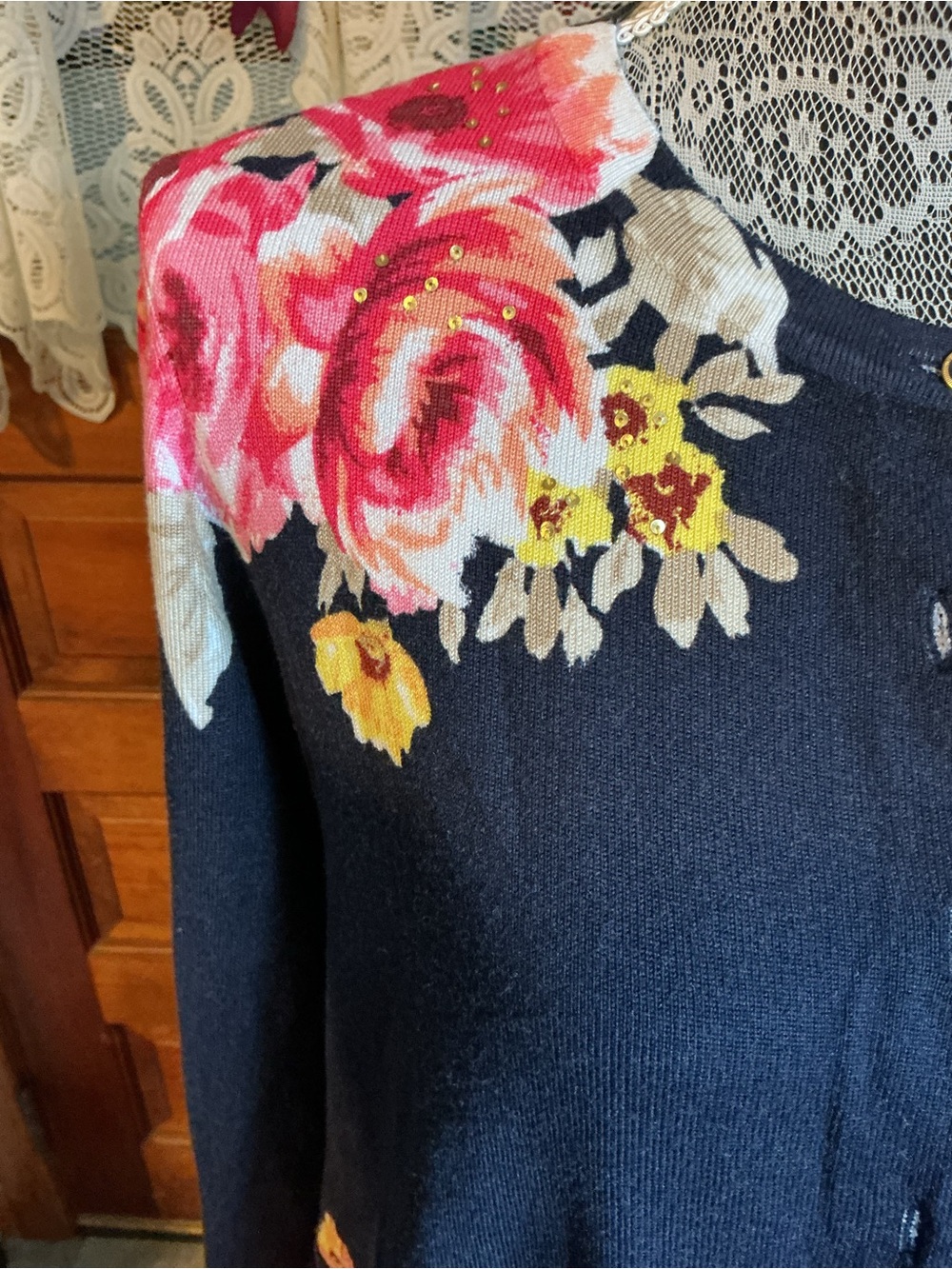 Charter Club Navy Crewneck Sweater with Pink & Yellow Floral Shoulder